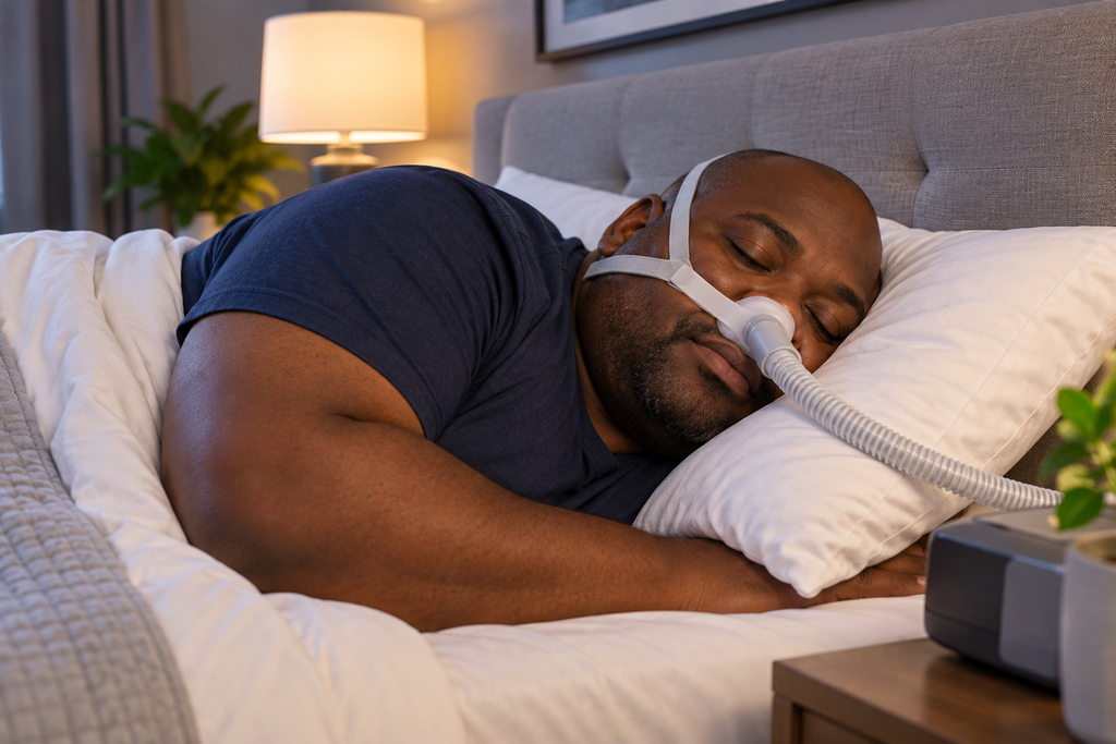Side sleeper using a CPAP mask in bed
